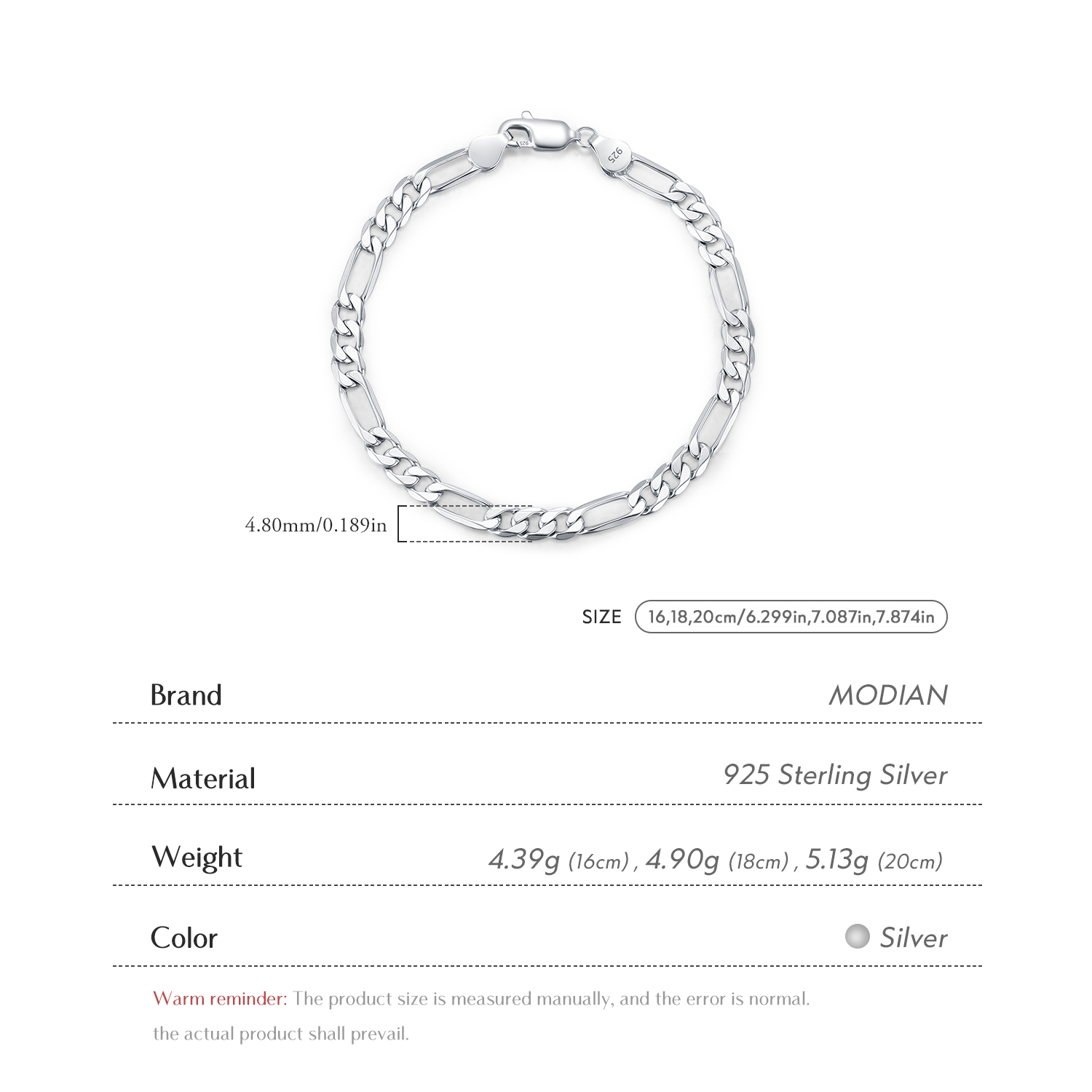 MODIAN 925 Sterling Silver 3 S - Men Accessories Chain And Bracelet 评论和价格