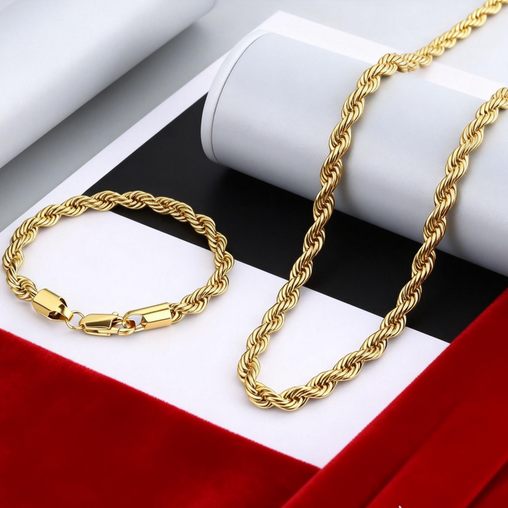 2pcs Fashion 18K Gold 4MM Twis - Men Accessories Chain And Bracelet 评论和价格