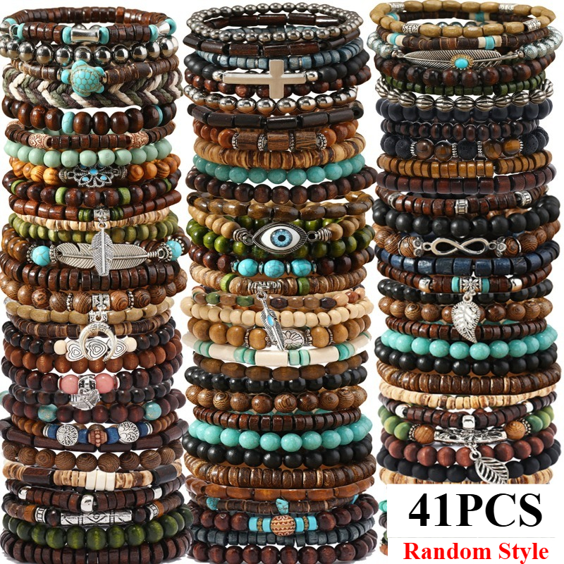 41PCS Natural Wood Elastic Bea - Bead Bracelet Men 评论和价格