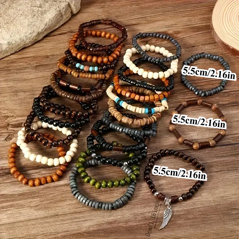41PCS Natural Wood Elastic Bea - Bead Bracelet Men 评论和价格